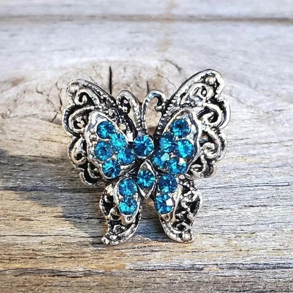 Vintage Y2K 90s Deep Teal Crystal Butterfly Silver Adjustable Cocktail Ring - Picture 1 of 8